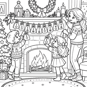 Heimeliger Adventskalender mit Kamin und Familie Ausmalbild für kreative Winterträumer