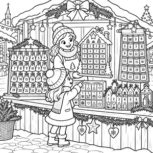 Begeisterte Kinder am Adventsstand Ausmalbild für kleine Abenteurer