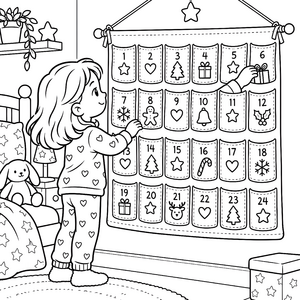 Fröhliche Kinderperson am Adventskalender Ausmalvorlage für mutige Sternengucker