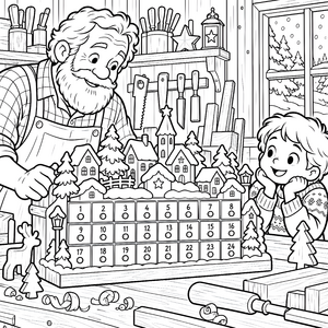 Herzlicher Adventskalender mit Weihnachtswerkstatt Ausmalbild für neugierige Bastler