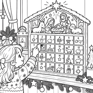 Heiliger Adventskalender mit Krippe Malvorlage für verträumte Sternengucker