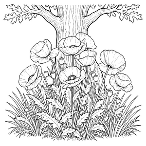 Majestätische Mohnblumen unter Eichenbäumen Ausmalvorlage für kleine Naturfreunde