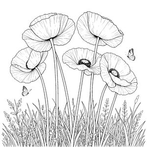 Sanfte Mohnblumen mit Schmetterlingen Ausmalbild für mutige Blumenkinder