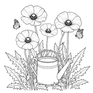 Idyllische Mohnblumen mit Gießkanne Ausmalbild für malfreudige Hobbygärtner