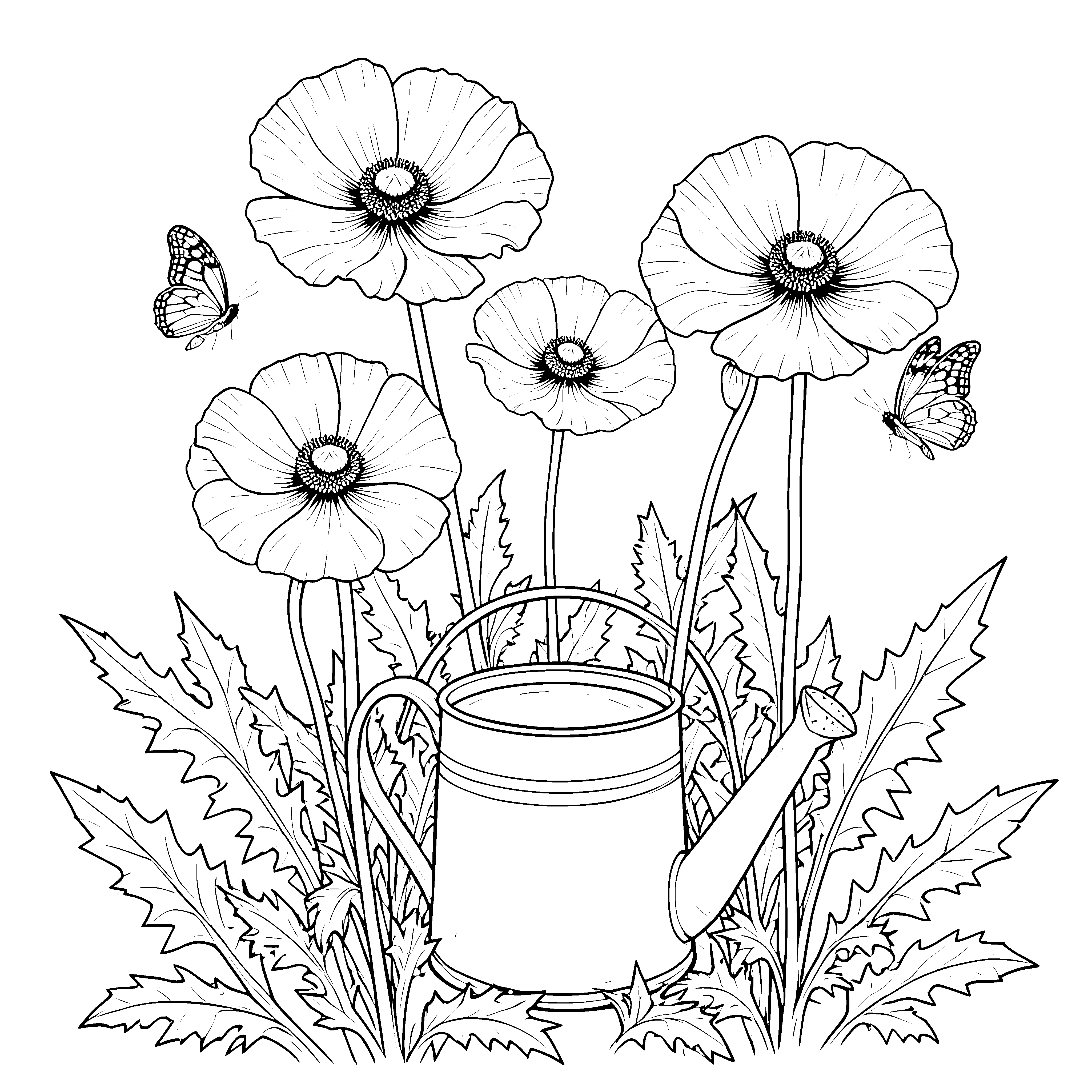 Idyllische Mohnblumen mit Gießkanne Ausmalbild für malfreudige Hobbygärtner