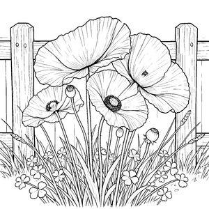 Üppige Mohnblumen vor Holzlattenzaun Ausmalbild für junge Abenteurer