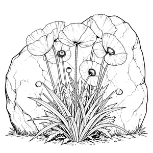 Freie Mohnblumen vor einem großen Felsen Malbild für junge Naturfreunde