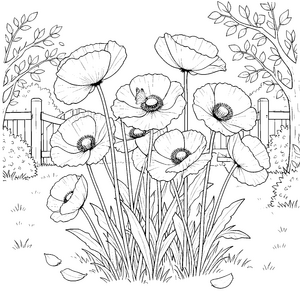 Prachtvolle Mohnblumen am Holzzaun Ausmalbild für malfreudige Naturfreunde