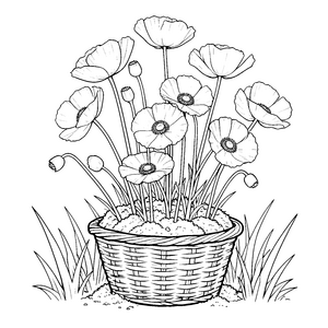 Üppige Mohnblumen im Flechtkorb Ausmalvorlage für mutige Blumenstaubler