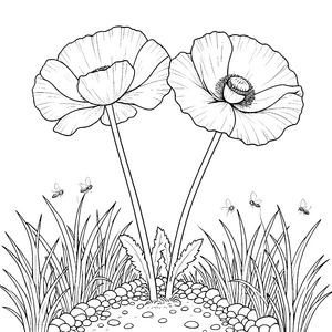 Zarte Mohnblumen mit fliegenden Hummeln Malbild für neugierige Spürnasen