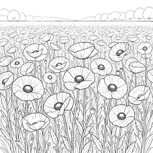 Endlose Mohnblumenwiese Ausmalbild für neugierige Abenteurer