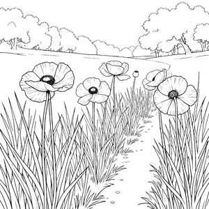 Sanfte Mohnblumen am Waldrand Ausmalbild für kleine Spürnasen