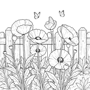 Verspielte Mohnblumen vor Holzzaun Ausmalbild für kleine Blumenstaubler
