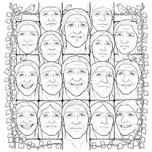 Verspielte Gesichter mit Vögeln Malbild für kreative Abenteurer