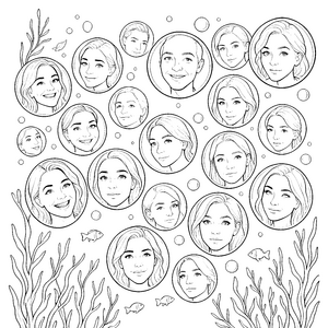 Fröhliche Gesichter unter Wasserpflanzen Ausmalbild für verträumte Wasserratten