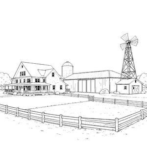 Weitläufiger Bauernhof mit Windmühle Malbild für kleine Tüftler