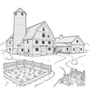 Stolzer Bauernhof mit Silo und Garten Ausmalvorlage für neugierige Hobbygärtner