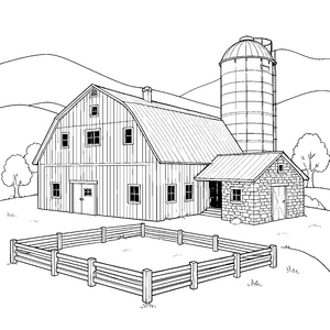Rustikaler Bauernhof mit Silo und Pferch Malbild für fröhliche Tierfreunde