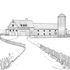 Weitläufiger Bauernhof mit Silo und Zaun Ausmalvorlage für Weltenbummler