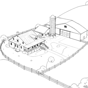 Heimeliger Bauernhof mit Haus und Silo Ausmalvorlage für junge Tüftler