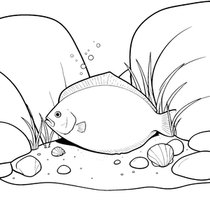 Verspielte Flunder bei Muscheln Malbild für Wasserratten
