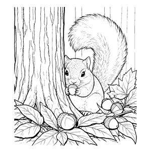 Aufmerksames Eichhörnchen mit Eicheln Ausmalbild für fröhliche Waldläufer
