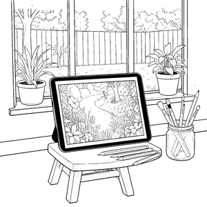 Verspieltes Tablet mit Gartenlandschaft Malvorlage für mutige Kunstschaffende