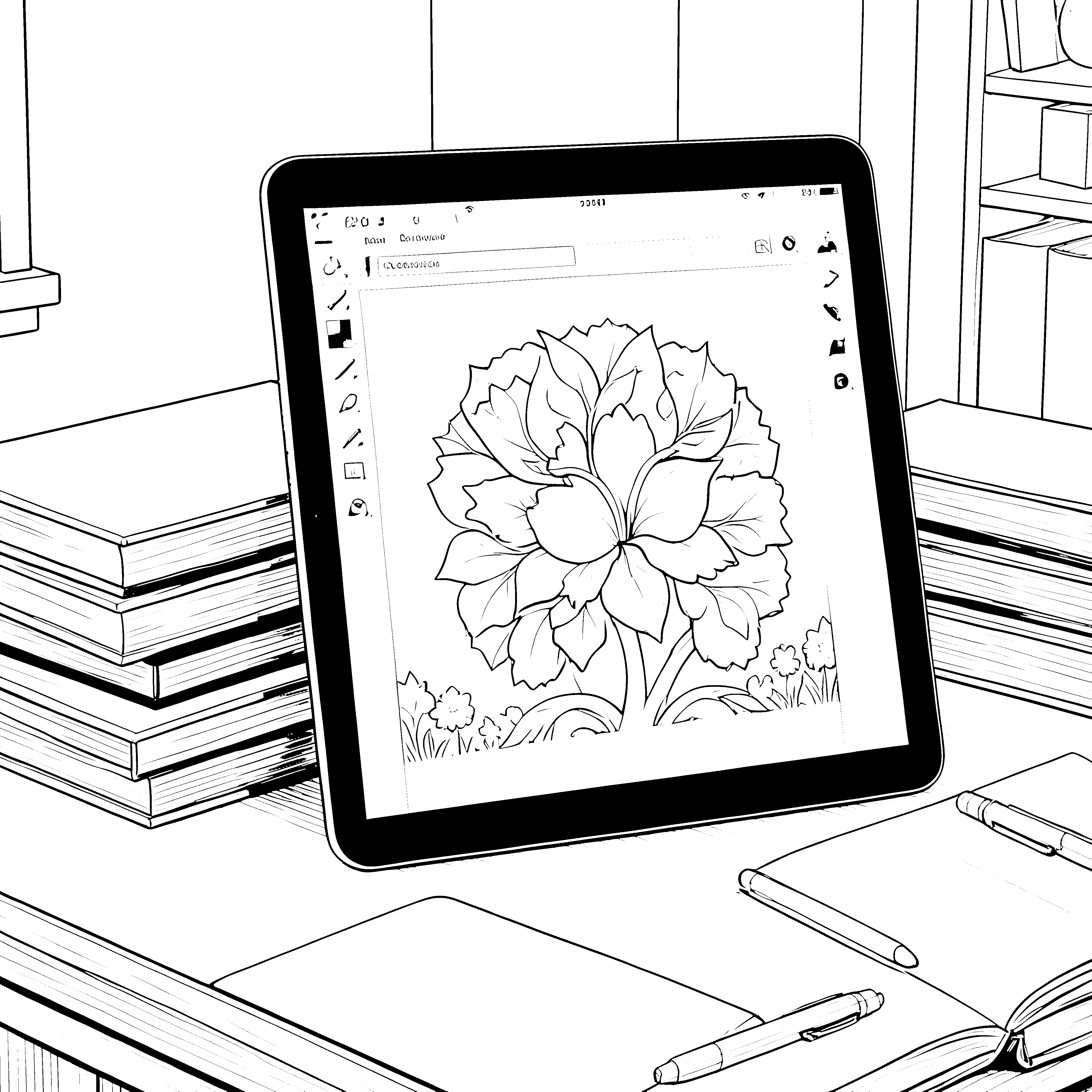 Gemütliches Tablet mit großer Blüte Malvorlage für fröhliche Blumenstaubchen