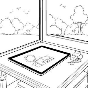 Helles Tablet mit Haus und Sonne Ausmalvorlage für kleine Bastler