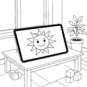 Fröhliches Tablet mit lachender Sonne Ausmalvorlage für malfreudige Strahlen