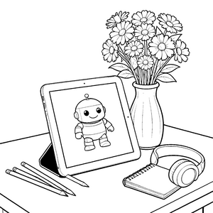 Freundliches Tablet mit Roboter-Ausmalbild für verträumte Technikfans
