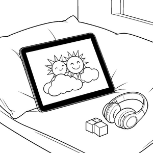 Gemütliches Tablet mit Sonne und Wolken Ausmalvorlage für kleine Musikfreunde