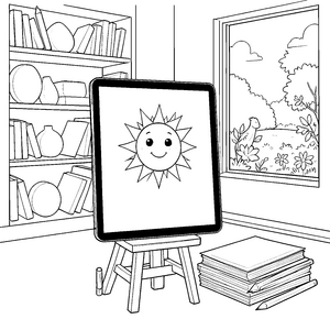 Strahlendes Tablet auf dem Malstativ Malvorlage für kreative Kunstschaffende