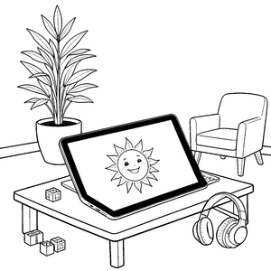 Fröhliches Tablet mit lächelnder Sonne Malvorlage für kleine Tüftler
