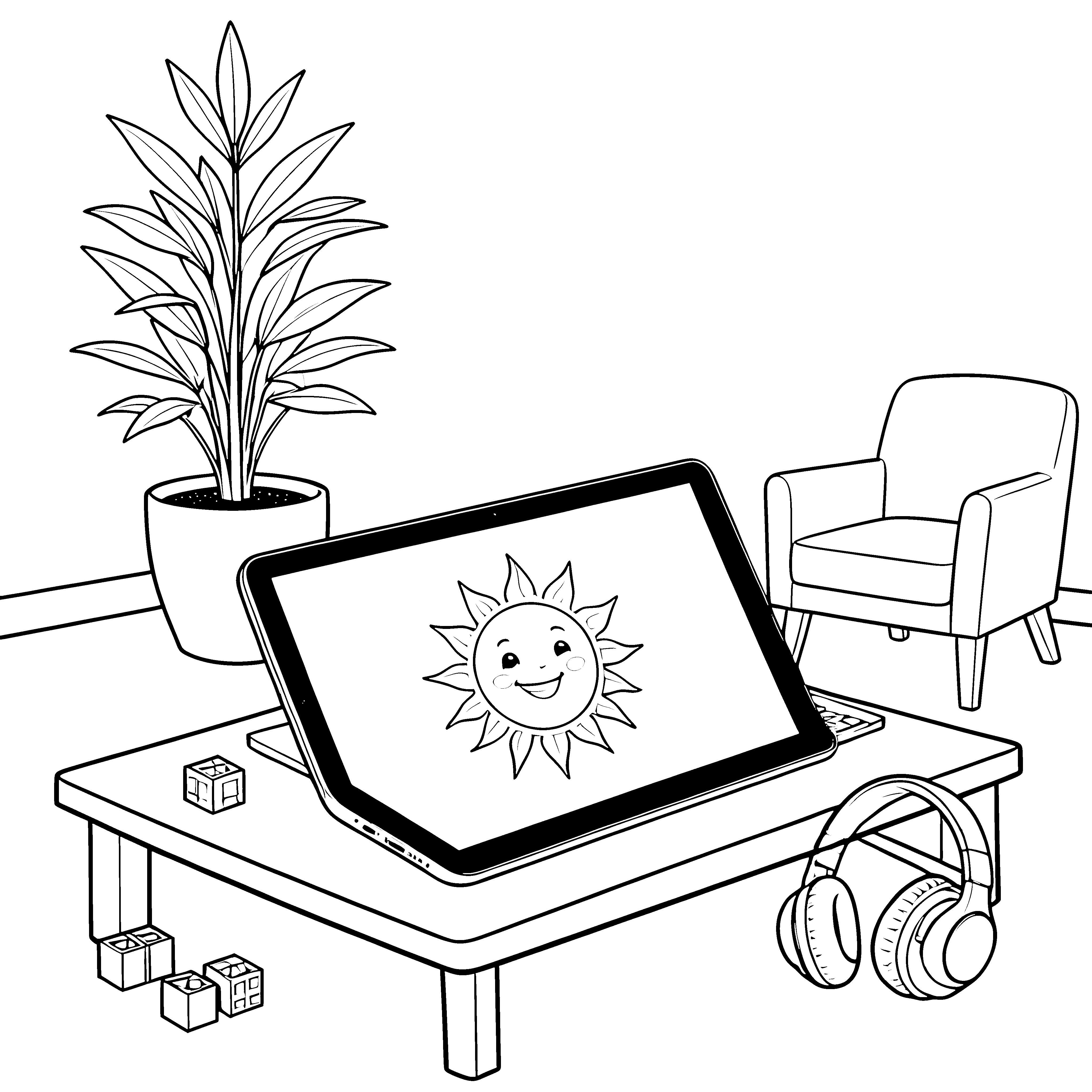 Fröhliches Tablet mit lächelnder Sonne Malvorlage für kleine Tüftler