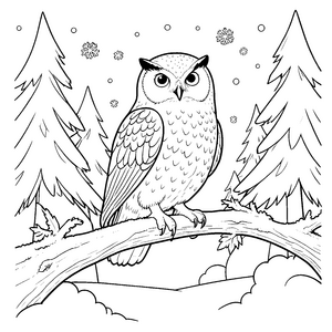 Sanfte Schneeeule im Tannenwald Malvorlage für fröhliche Spürnasen