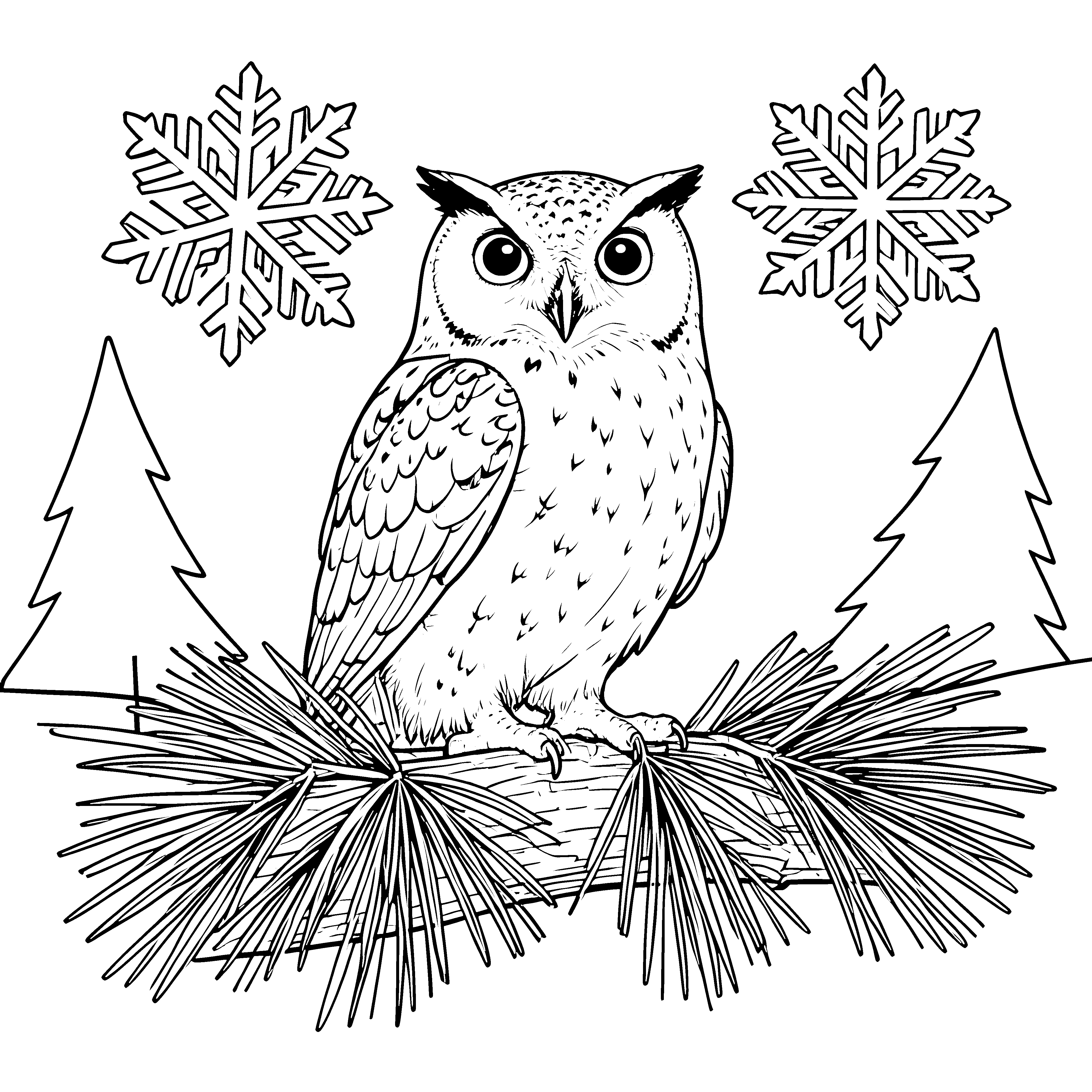 Stolze Schneeeule auf Tannenast Ausmalbild für neugierige Naturfreunde