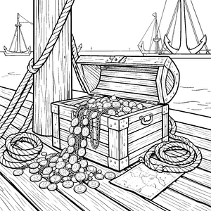 Überquellende Schatztruhe am Hafen Ausmalbild für malfreudige Seebären