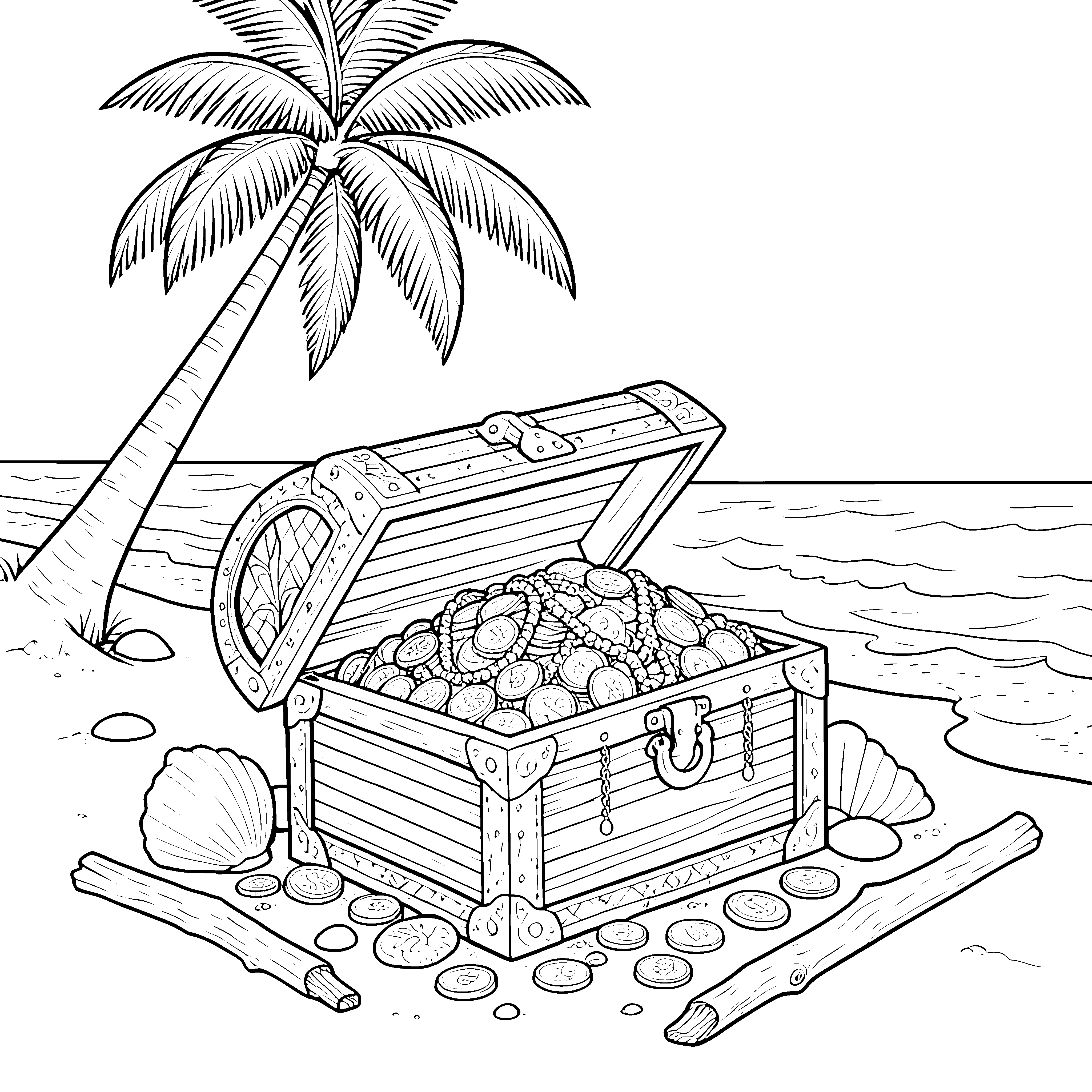 Exotische Schatztruhe am Strand Malvorlage für junge Weltenbummler