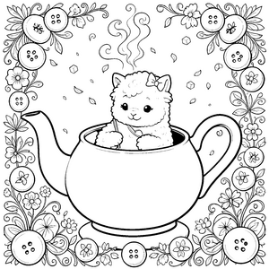 Gemütliches Kawaii-Alpaka in der Teekanne Ausmalbild für verträumte Teetrinker