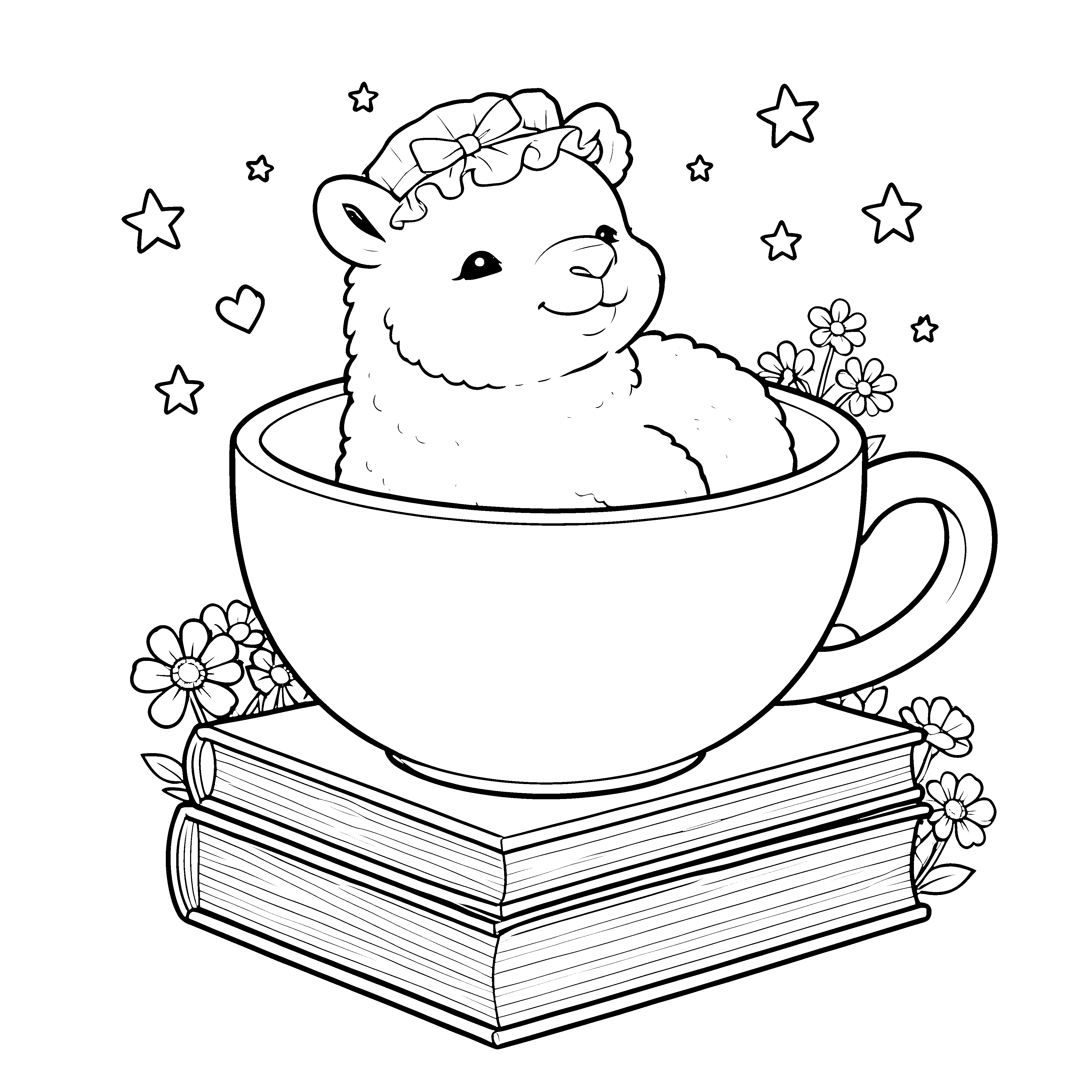 Fröhliches Kawaii-Alpaka in Teetasse Malbild für Bücherwürmer