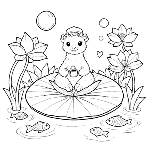 Ruhiges Kawaii-Alpaka auf Seerose Malbild für kleine Naturfreunde