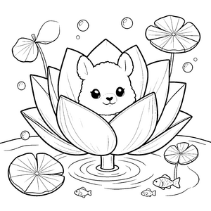 Sanftes Kawaii-Alpaka in der Lotusblüte Ausmalbild für kleine Tierfreunde