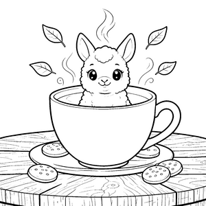 Heißes Kawaii-Alpaka in der Teetasse Ausmalvorlage für mutige Spürnasen