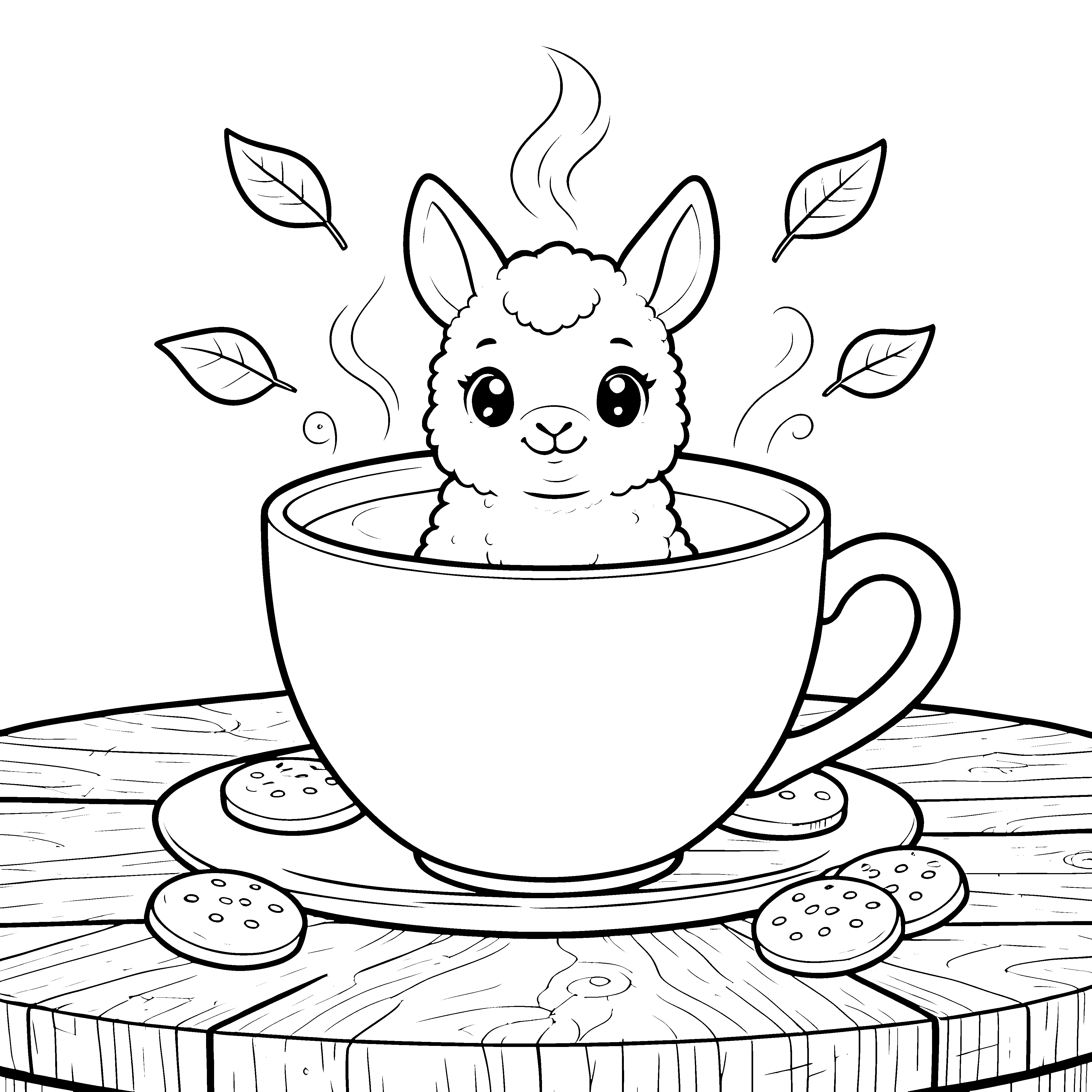 Heißes Kawaii-Alpaka in der Teetasse Ausmalvorlage für mutige Spürnasen