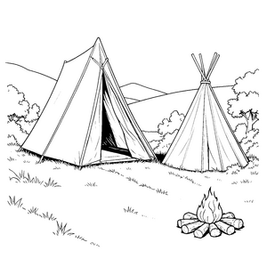 Abenteuerliches Tipi-Zeltlager mit Lagerfeuer Ausmalvorlage für kleine Forscher