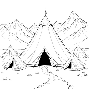 Majestätisches Tipi-Zeltlager in den Bergen Malbild für verträumte Sterngucker