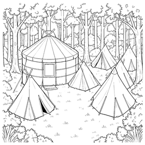 Abenteuerliches Waldlager mit Jurten und Tipis Malbild für neugierige Waldläufer