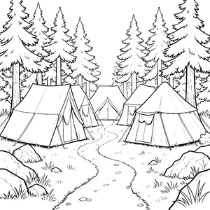 Abenteuerliches Zeltlager im Nadelwald Malbild für kleine Weltenbummler