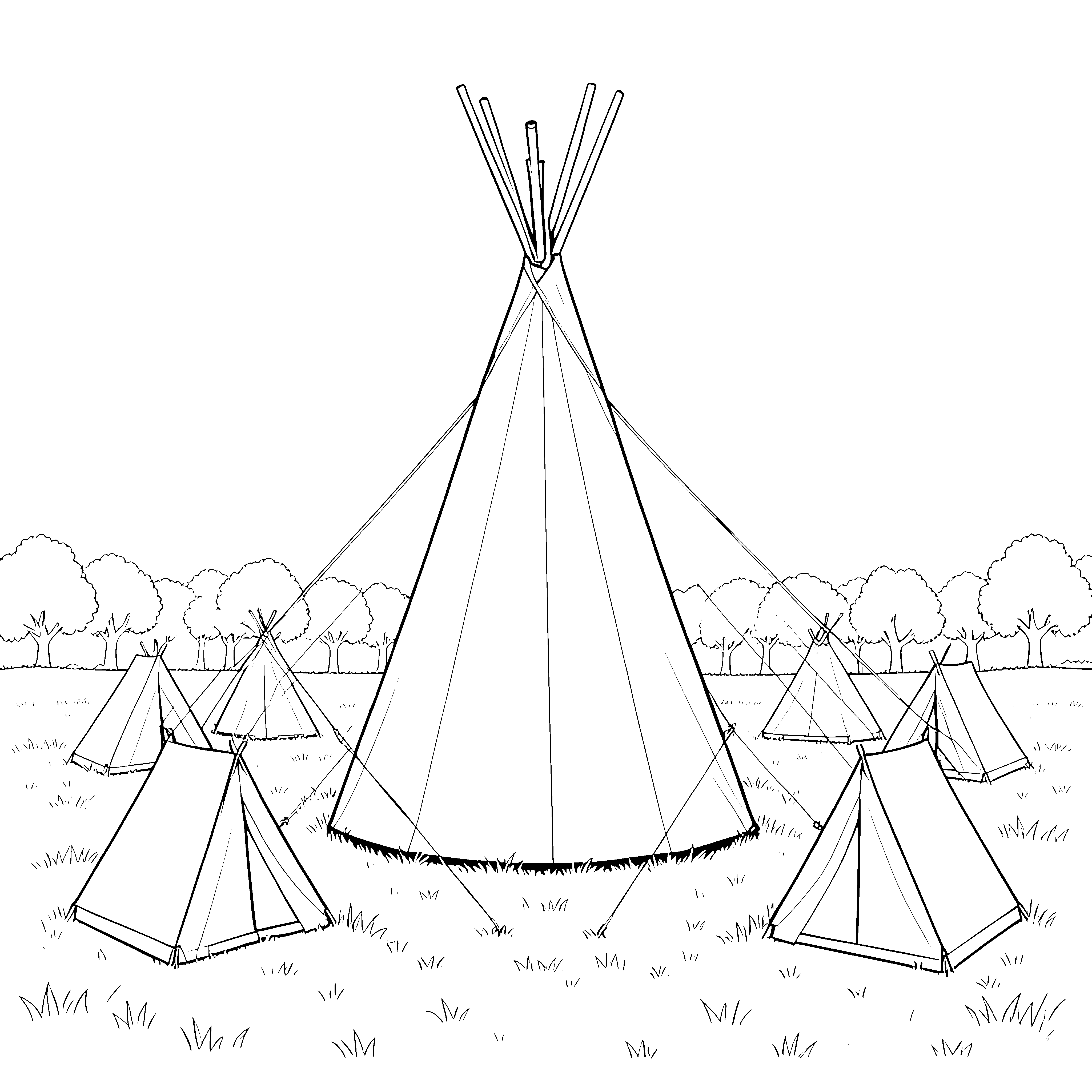 Mystisches Tipi-Zeltlager im Wald Malvorlage für kleine Abenteurer